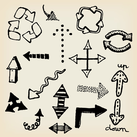Illustration of a group of outlined hand drawn sketched black arrows and signs on vintage background paperのイラスト素材