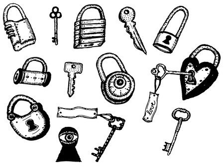 Illustration of a set of hand drawn doodle iron padlock, key and security icons isolated on white backgroundのイラスト素材