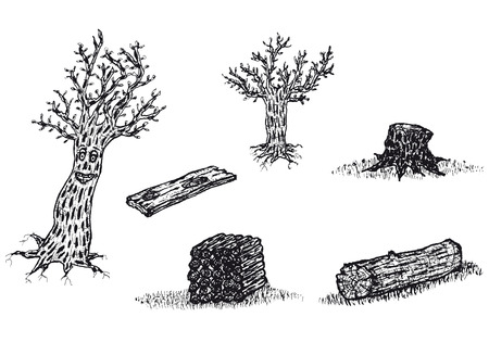 Illustration of a set of doodle hand drawn trees,trunks and wood logs setのイラスト素材