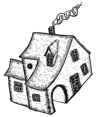 Illustration of hand drawn cartoon isolated black and white houseのイラスト素材