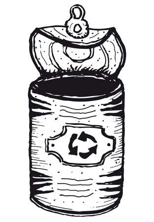 Illustration of a hand drawn isolated open can with recyclable logo labelのイラスト素材