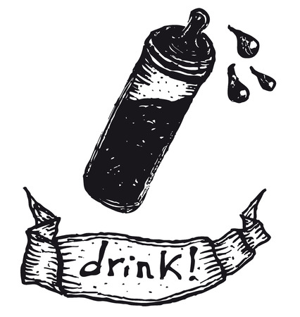Illustration of a hand drawn baby milk bottle with teat and drink bannerのイラスト素材