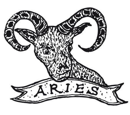 Illustration of a hand drawn Aries horoscope sign with bannerのイラスト素材