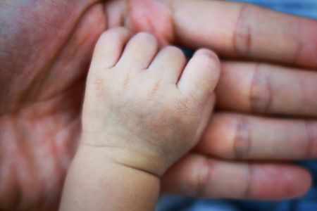 newborn baby hand on parents hand.の写真素材