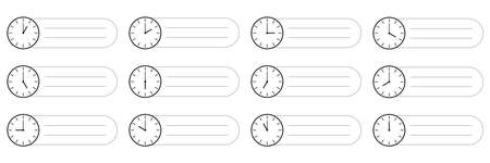 horizontal set of analog clock icon with short note notify of each hour activities isolated on white.のイラスト素材