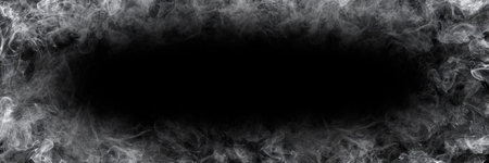 horizontal white smoke on black with oval space for design.の写真素材