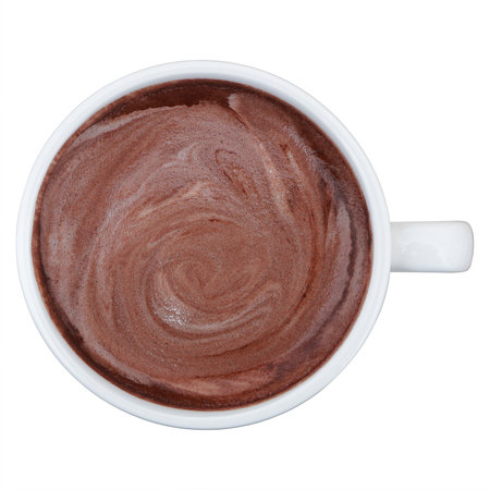top view of hot chocolate in white cup isolated on white.の写真素材