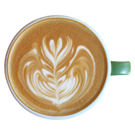 one cup of latte with milk foam art isolated on white.の写真素材