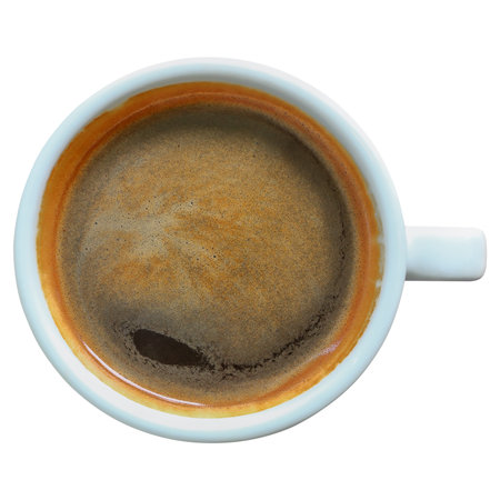 top view of a cup of coffee on white background.の写真素材