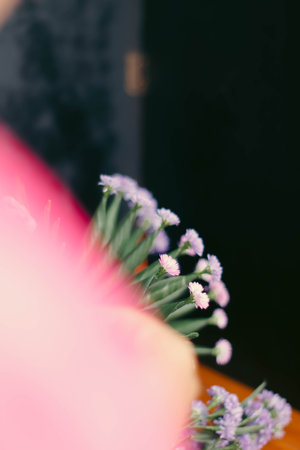 Close up of woman hand holding bouquet of purple flowers on wooden tableの写真素材