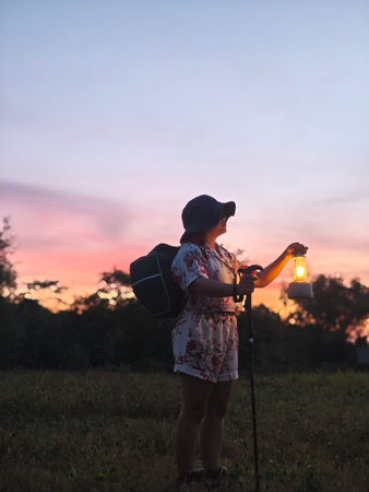 Silhouette of a man holding a lantern at night in the countryside.