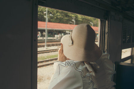 A young woman in a hat and a white coat is waiting for the train.の写真素材