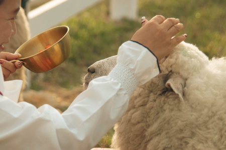 Sheep in the hands of a Muslim woman with a golden bowlの写真素材