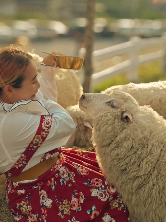A young woman in a traditional Romanian folk costume with a sheep.の写真素材