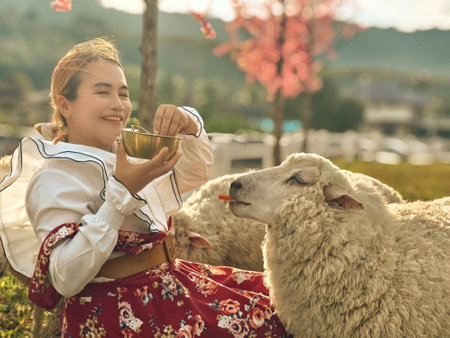 Sheep and woman in traditional clothes at a farm in the countrysideの写真素材