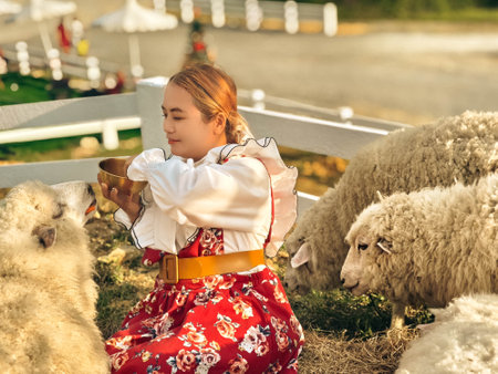 Cute little girl in traditional ukrainian folk costume with sheepの写真素材