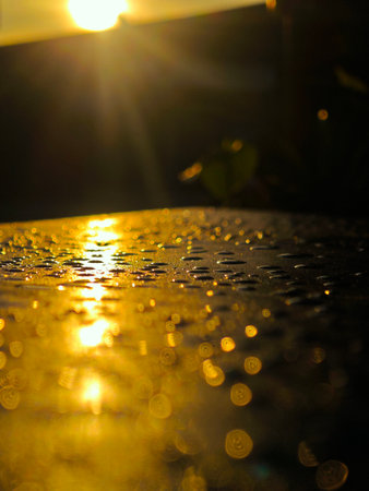 Raindrops on the window in the morning with a golden glow.の写真素材