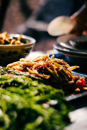Closeup of a plate of traditional Nepali food at Thamel street in Kathmandu in the afternoonの写真素材