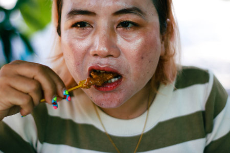 Woman eating on the street in Bangkok, Thailand. Selective focus.の写真素材