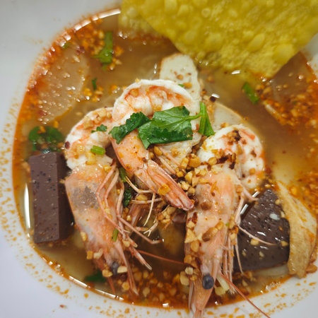 Thai style noodle soup with prawnsの写真素材