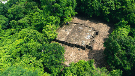 Aerial view of the ancient Mayan ruins in the jungle.