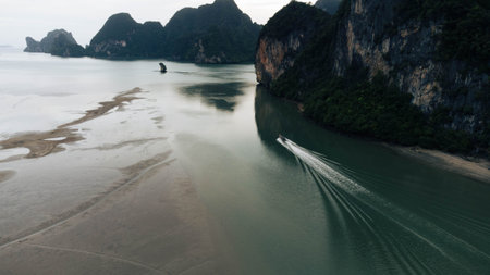Aerial view of long tail boat in Ha Long bay, Vietnam