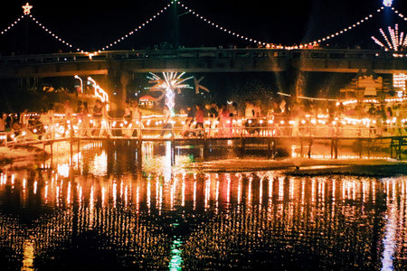 Lights and illuminations along the river at night.