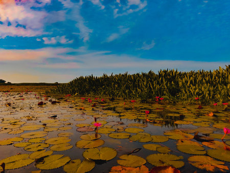 The beauty of the lotus flower in the pond at sunset.