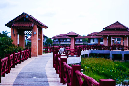 Wooden bridge over the river with a small house in the backgroundの写真素材