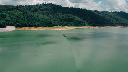 aerial view of beautiful lake with green trees and blue sky
