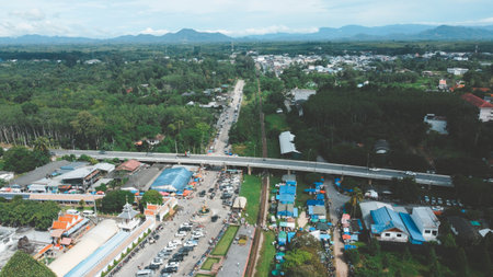 Aerial view of the road with traffic jam in the city.の写真素材