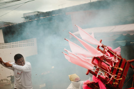 Unidentified Hindu people celebrate Holi festival.の写真素材