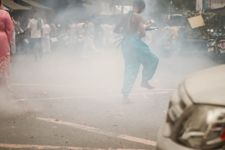 View of unknowns Hindu people attending a religious ceremony at the Pashupatinath temple in the morningの写真素材