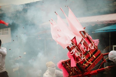 Unidentified people take part in the Chinese New Year parade in Bangkok, Thailand.の写真素材