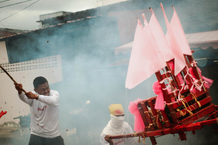 Unidentified Thai people take part in a religious procession during the celebration of the Chinese New Year.の写真素材