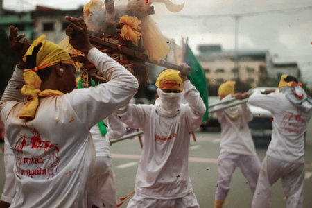 Unidentified people take part in the annual Thaipusam festival in Bangkok, Thailand.の写真素材