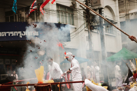 Unidentified people take part in the annual Thaipusam festival in Bangkok, Thailand.の写真素材