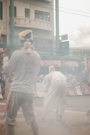 Unidentified Hindu devotees take part in the annual Holi festival.の写真素材