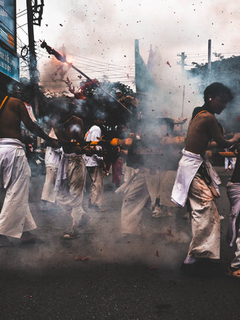 Hindu devotees perform a religious ritual in Kolkata, West Bengal, India.の写真素材