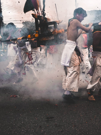 Unidentified people take part in the Thaipusam festival in Bangkok, Thailand.の写真素材