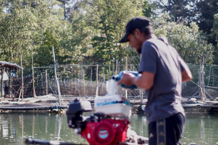 Unidentified man is washing a motorbike by the water.