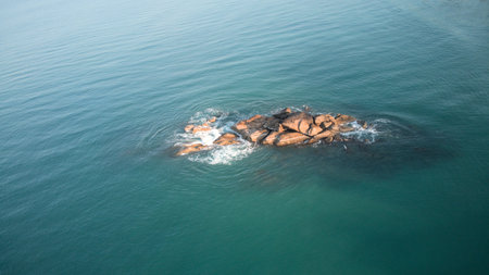 Aerial view of rocks in the sea with waves crashing on them