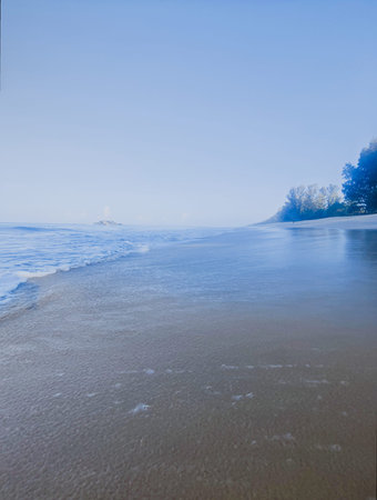 Frozen sea shore in a foggy day.
