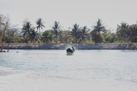 fishing boat in the sea with coconut palm trees on the backgroundの写真素材
