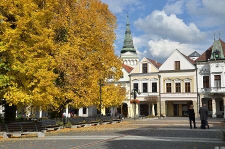 Historical town square in autumn, Zilina, Slovakiaの写真素材