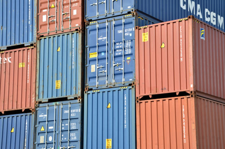 Zilina, Slovakia - June 4, 2016: Cargo container stacks in Inland container terminal