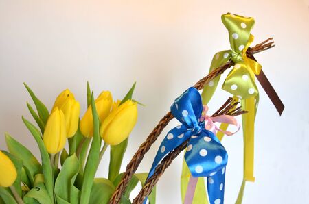 Spring composition: two easter whips with bunch of yellow tulips, empty backgroundの写真素材
