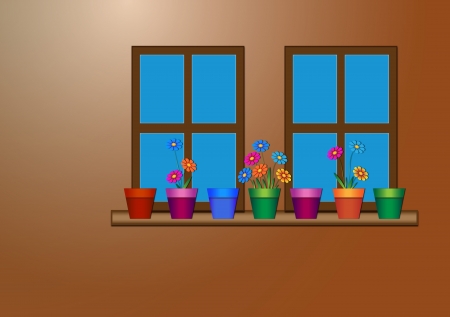 wall of windows with flowerpots and flowers on the windowsillの写真素材