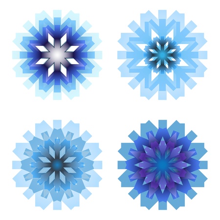 four snowflakes on a white background in blue and purple colorsの写真素材