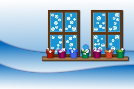 Season Winter background with snowflakes windows and flower pots on the windowsillの写真素材